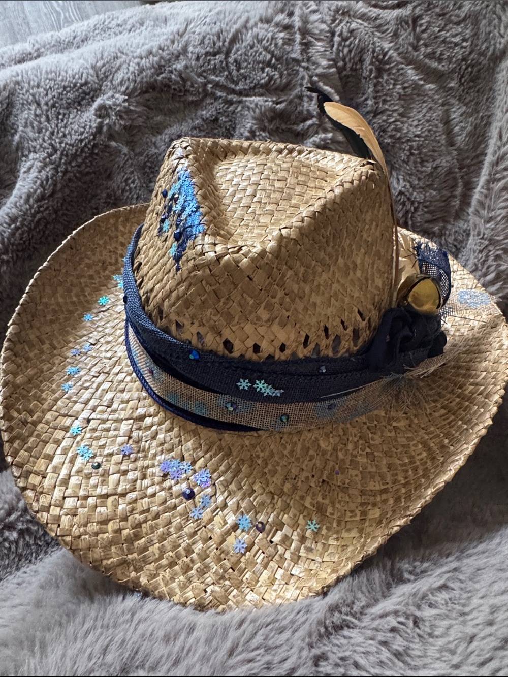 Embellished Straw Fedora Hat with Navy Band